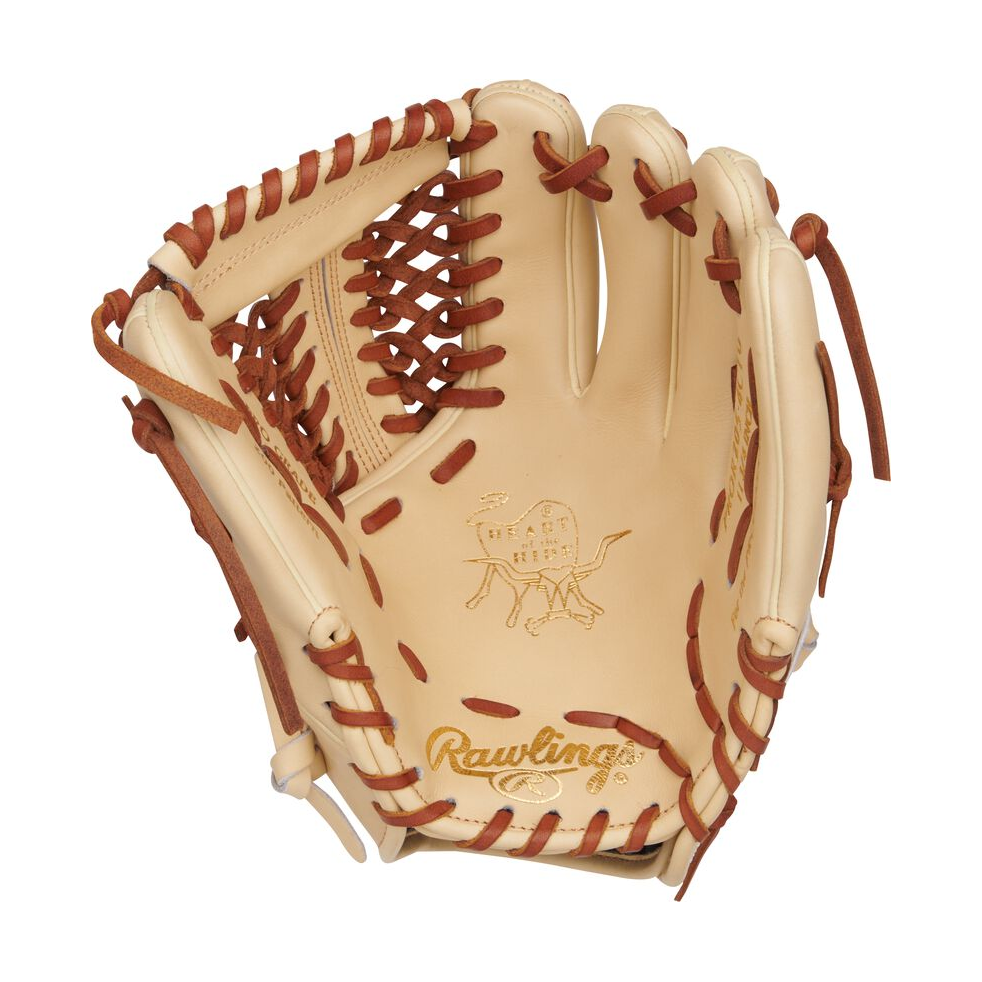 Camel palm of a Rawlings Heart of the Hide baseball glove with tan laces — view 3
