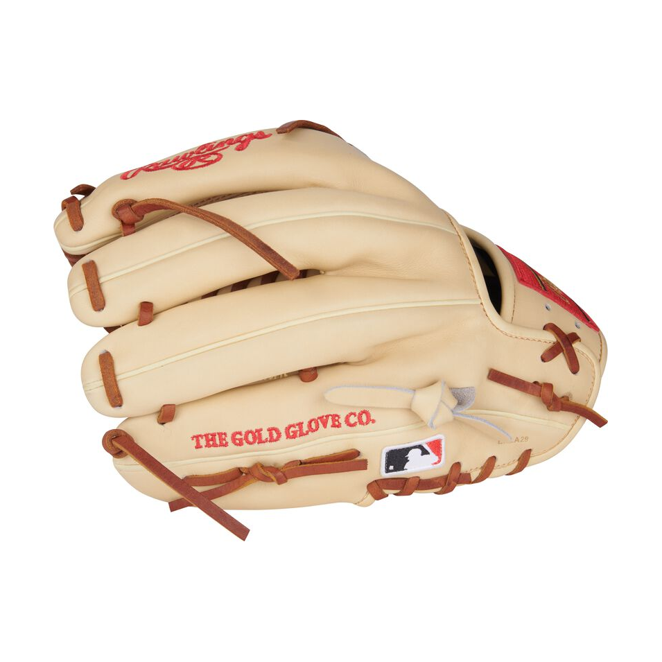Camel back of a Heart of the Hide 11.75" Modified Trap-Eze web glove with the MLB logo on the pinky — view 4
