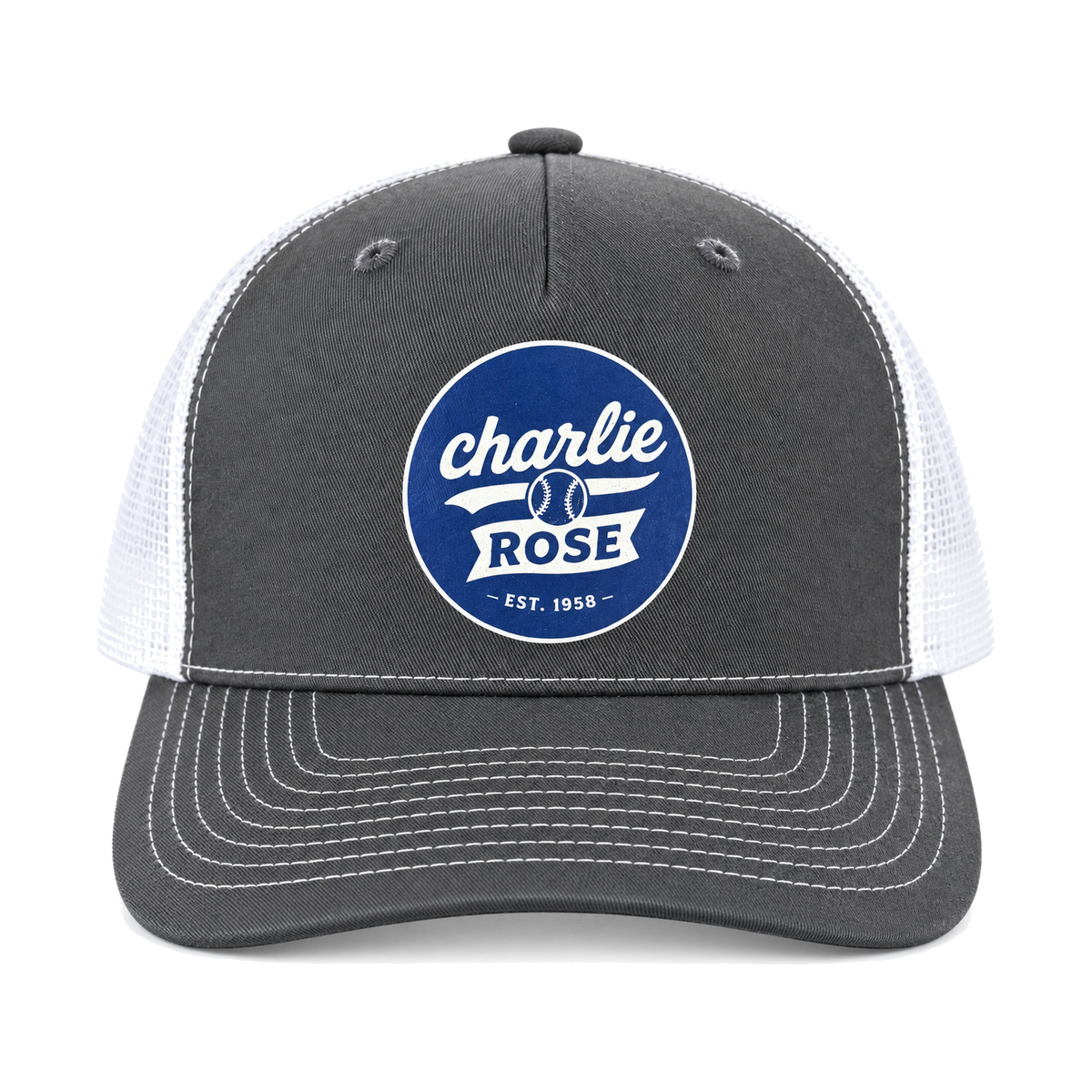 Charlie Rose Adult Trucker Hat - Blue Logo in Grey/White