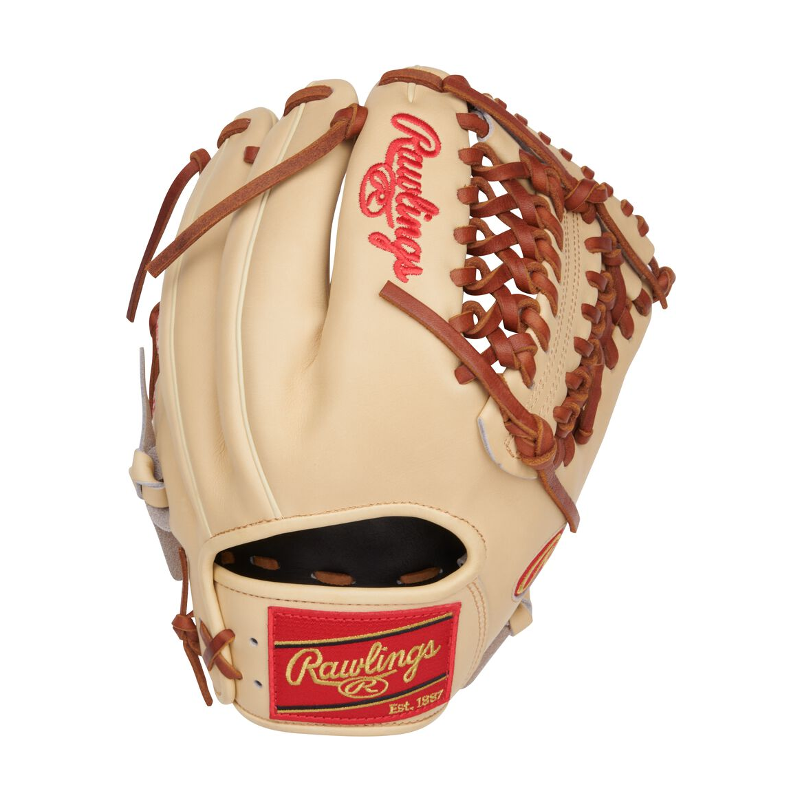 Camel back of a Heart of the Hide 11.75" Modified Trap-Eze Web glove with a red Rawlings patch — view 2